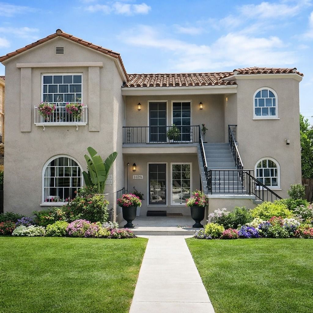 Exterior view of a senior living facility with flowers