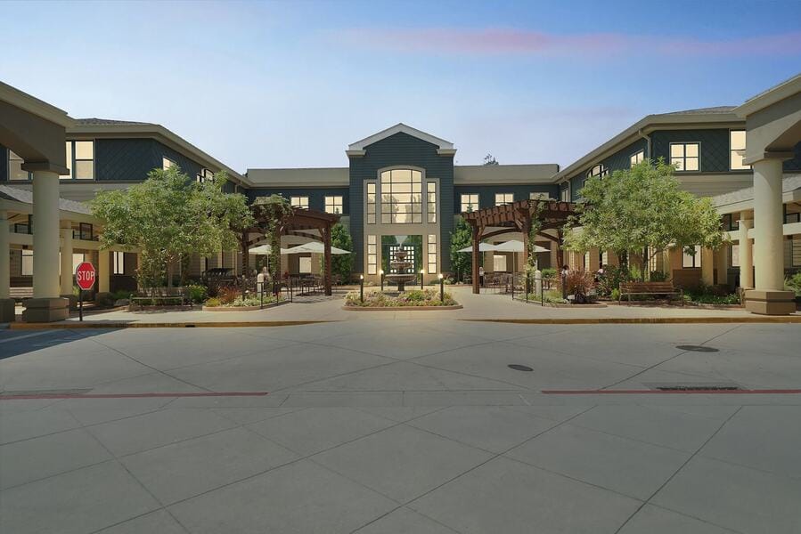 Exterior view of an assisted living facility entrance