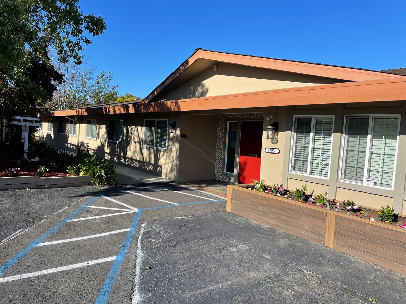 Exterior view of a senior care facility entrance