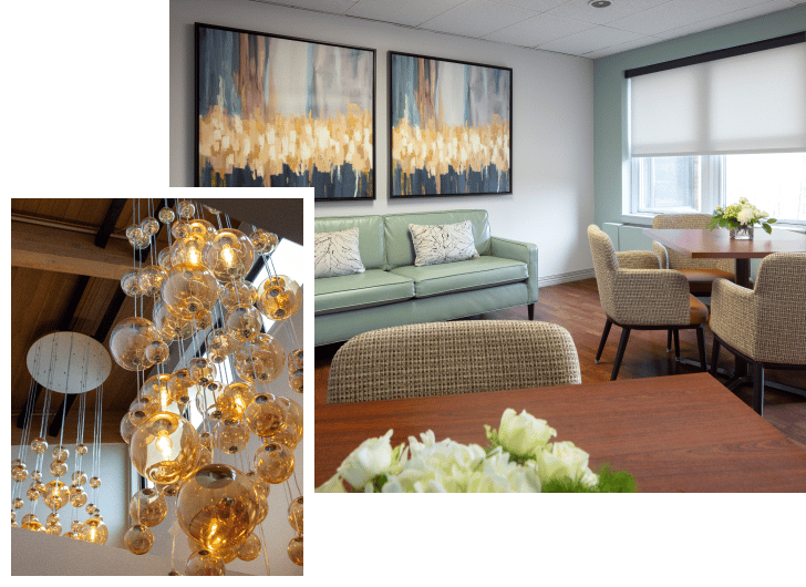 Interior common area with seating and decorative lighting