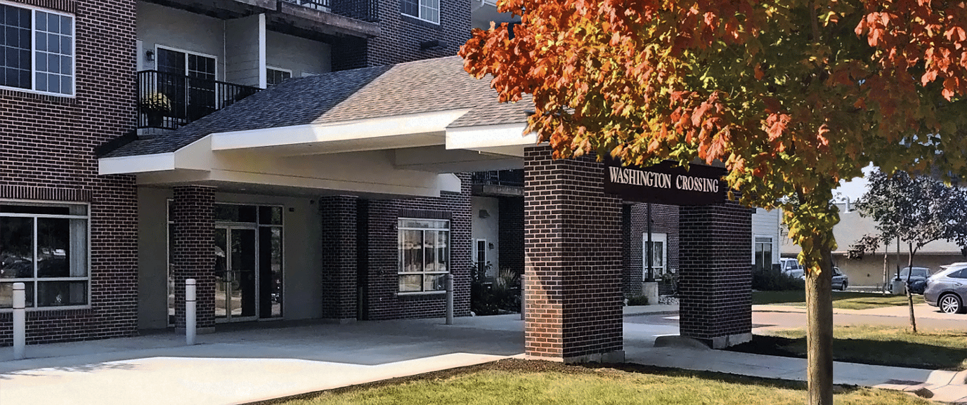 Front entrance of Washington Crossing with landscaping