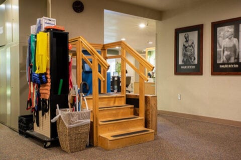 Interior view of stairs and equipment in a care center