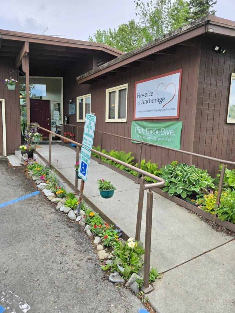 Exterior view of Hospice of Anchorage building entrance.