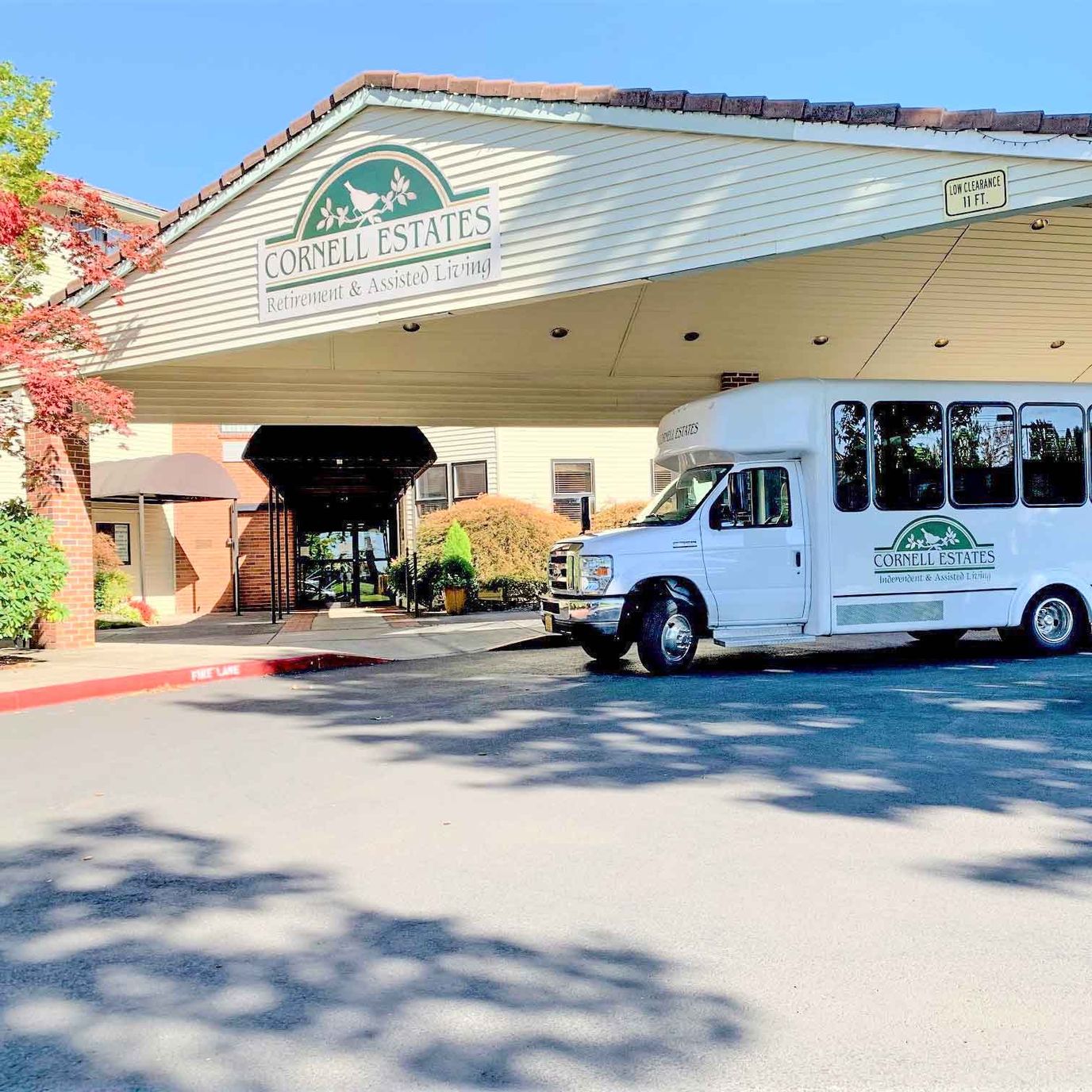 Exterior view of the Cornell Estates entrance with shuttle bus