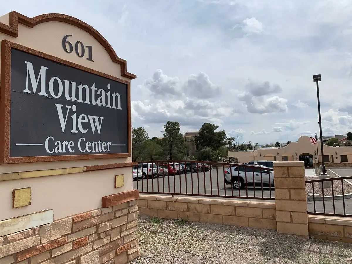 Exterior view of Mountain View Care Center sign and building