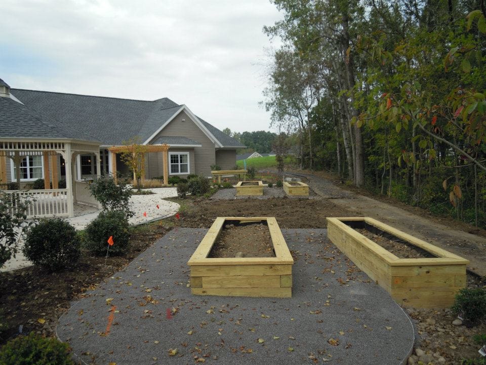 Outdoor garden space with raised planters