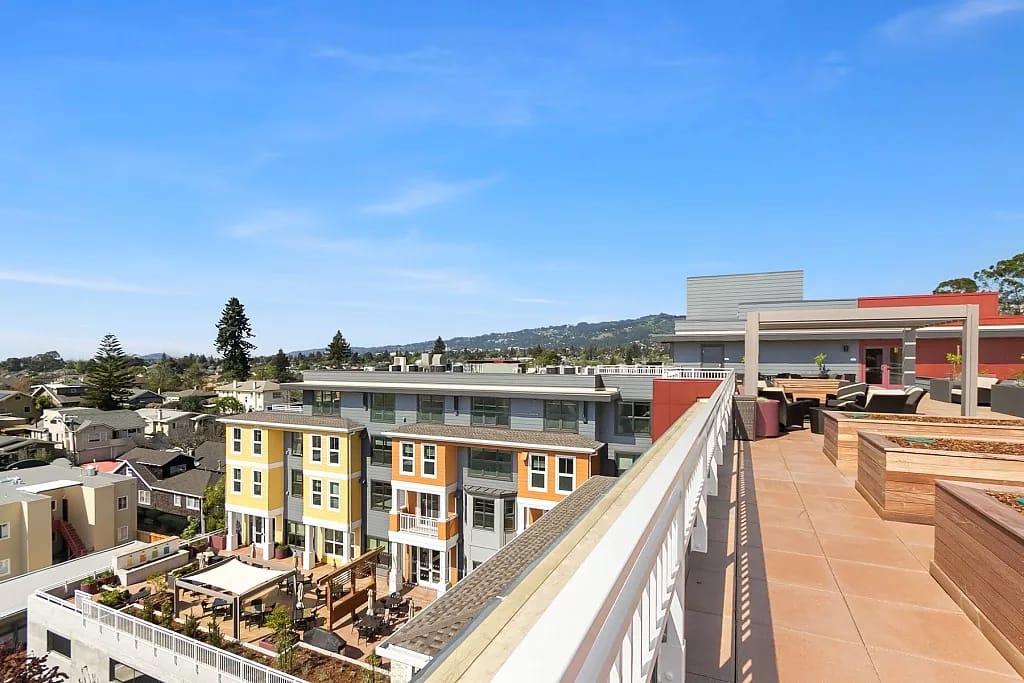 Outdoor terrace view of the senior living facility