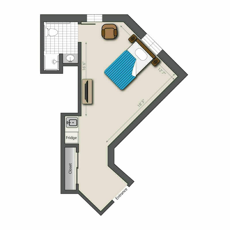 Architectural floor plan of a resident room