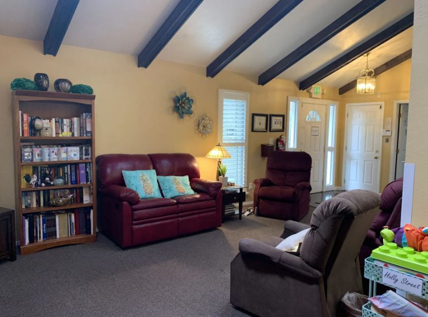 Cozy living room with red and brown seating and bookshelves