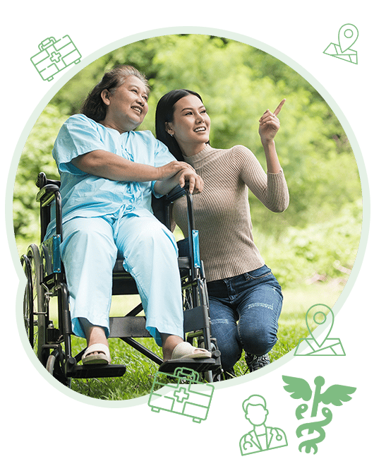 Senior woman and caregiver enjoying nature