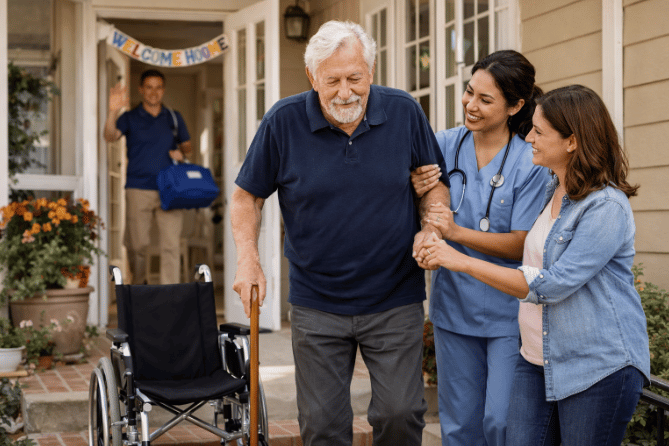 Elderly man assisted by staff and family at entrance