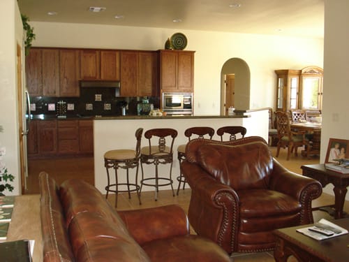 Interior view of a shared living space with kitchen