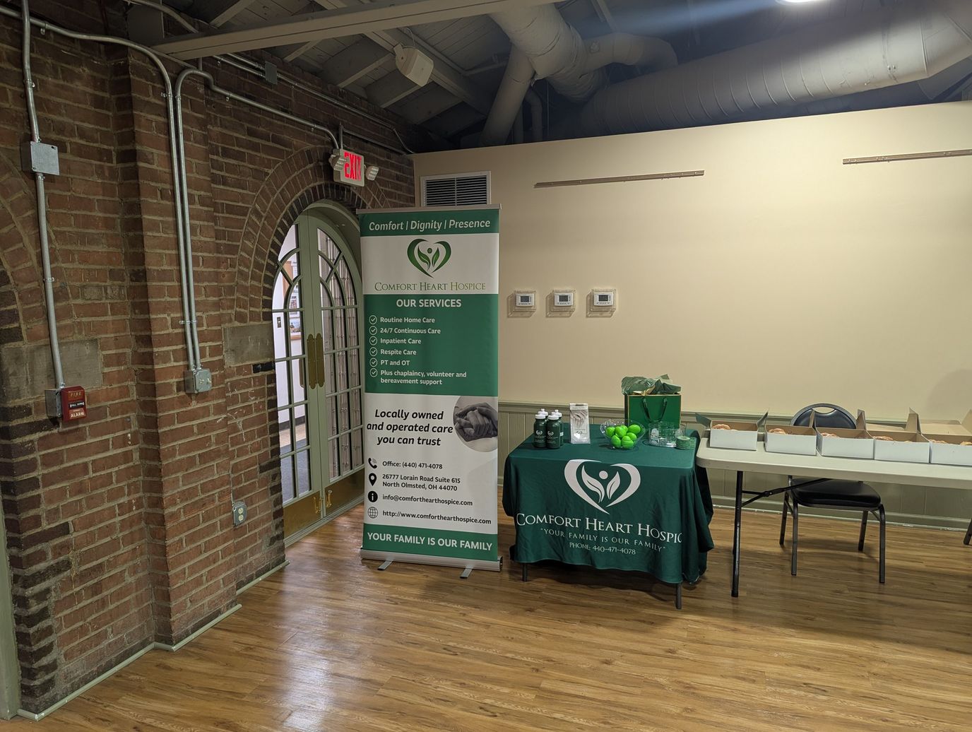 Interior view of Comfort Heart Hospice with a service banner