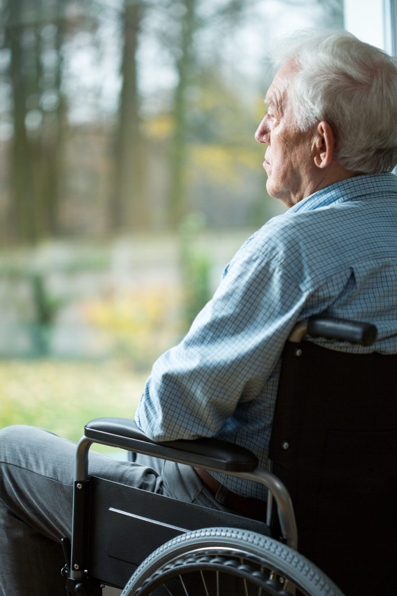 Elderly man in a wheelchair looking outdoors