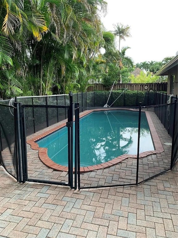 Swimming pool area surrounded by a gated fence