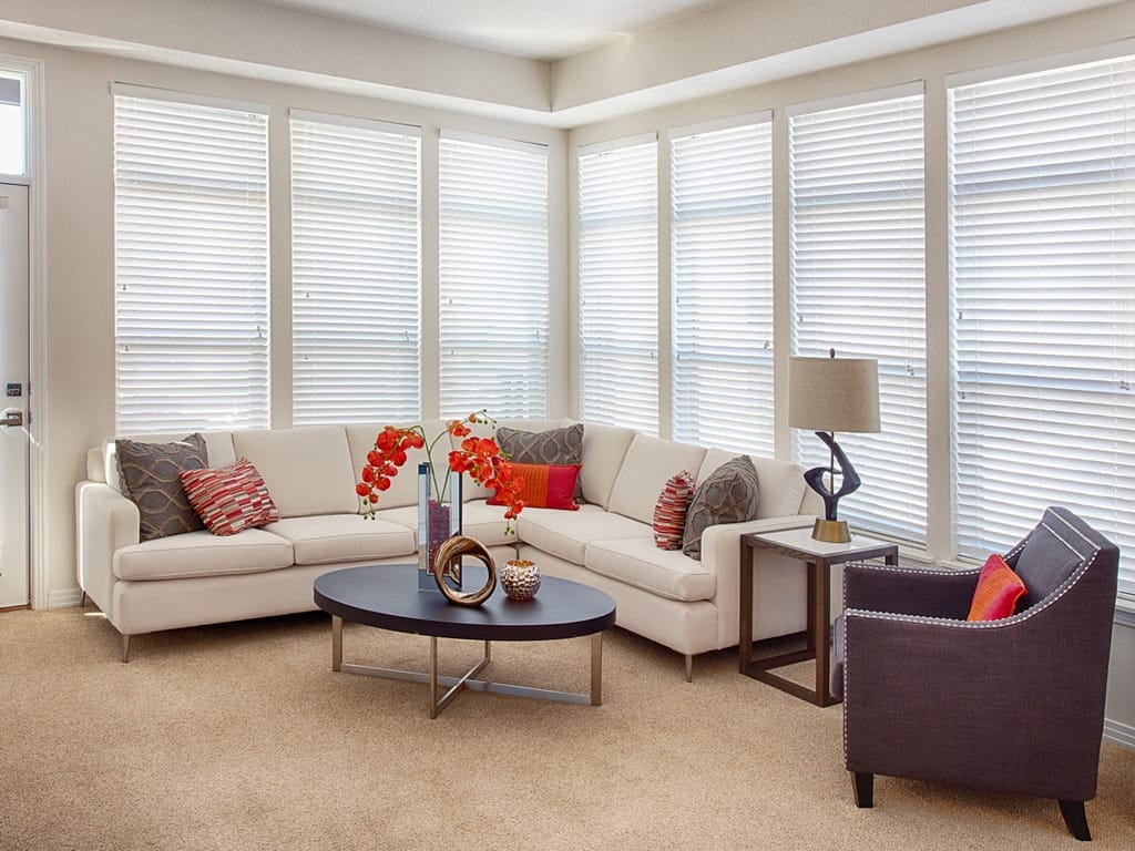 Bright living room with a white sectional couch and decorative pillows