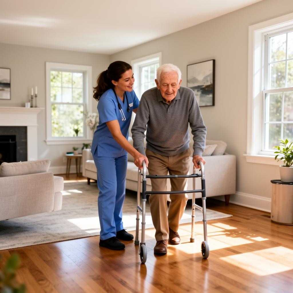 Staff member assisting an elderly resident indoors
