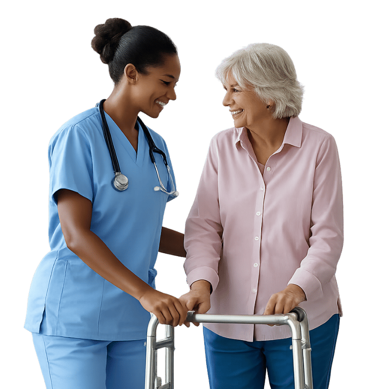 A caregiver assisting an elderly woman with a walker.