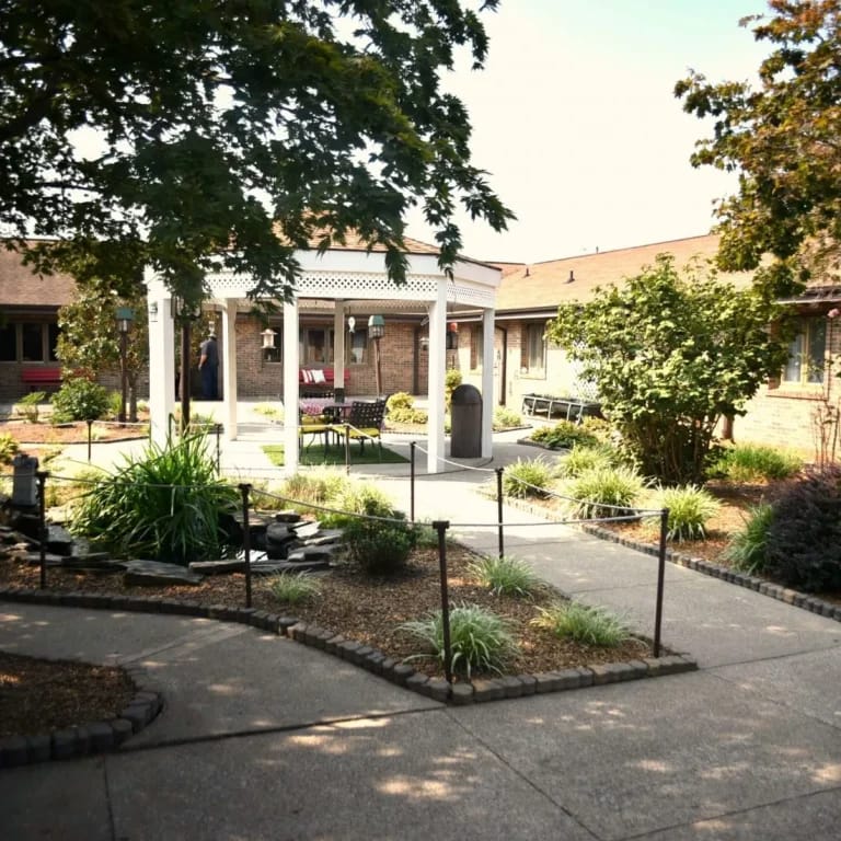 Outdoor space with seating areas and landscaping