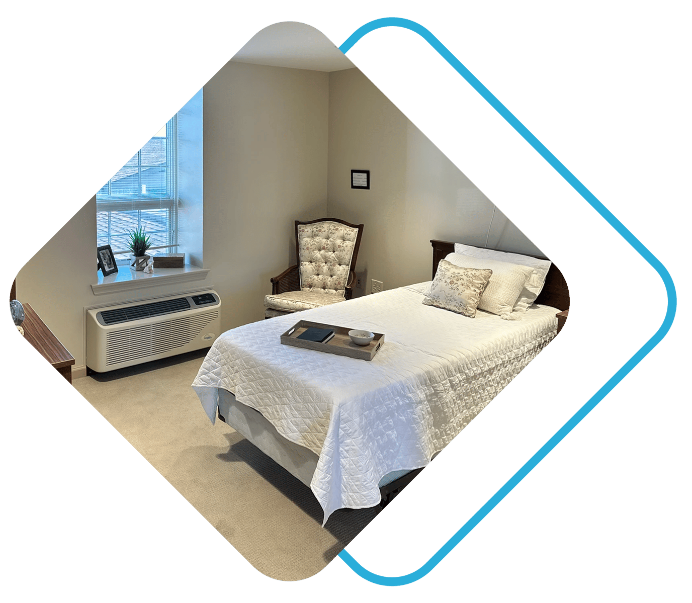 Cozy private resident room with a bed and chair