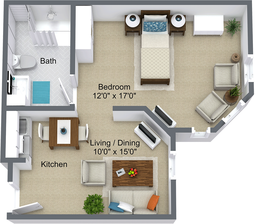 Floor plan of a one-bedroom apartment layout