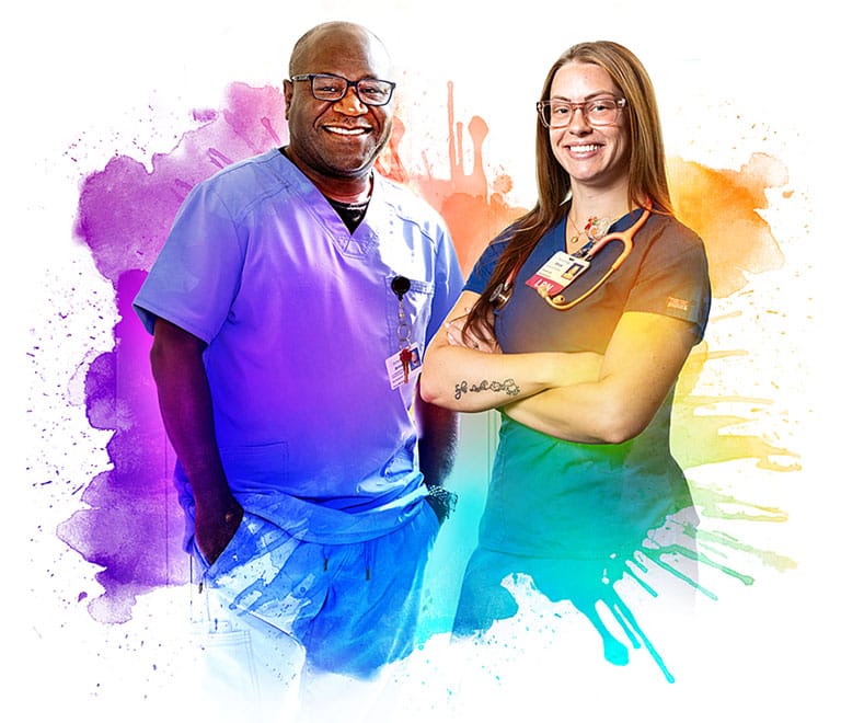 Two staff members posing in colorful graphic background
