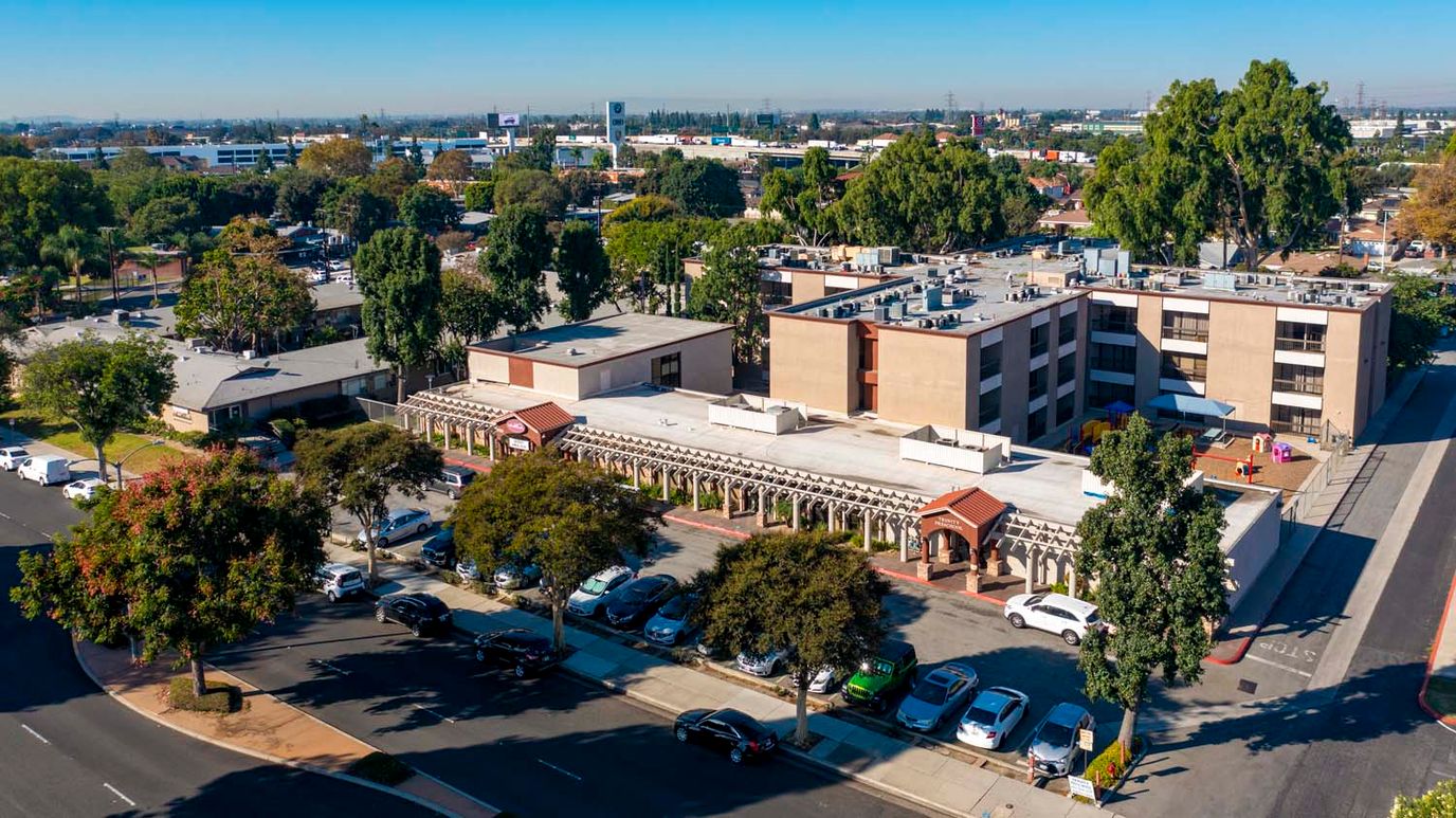 Aerial view of the Southland Living facility and outdoor spaces