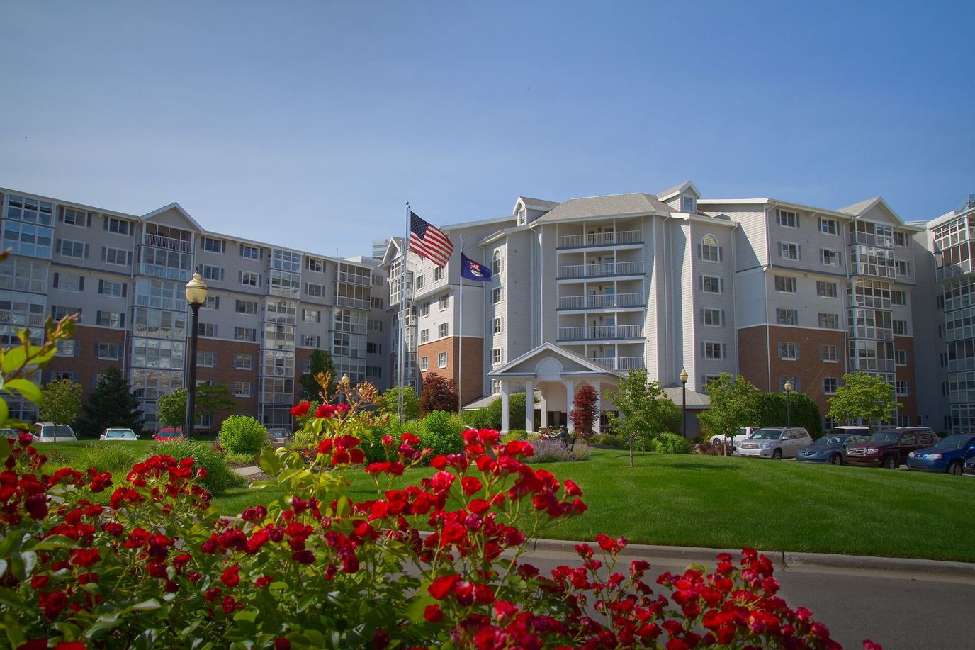 Front view of Freedom Village with flowers in the foreground