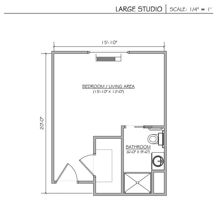 Architectural floor plan of a large studio unit