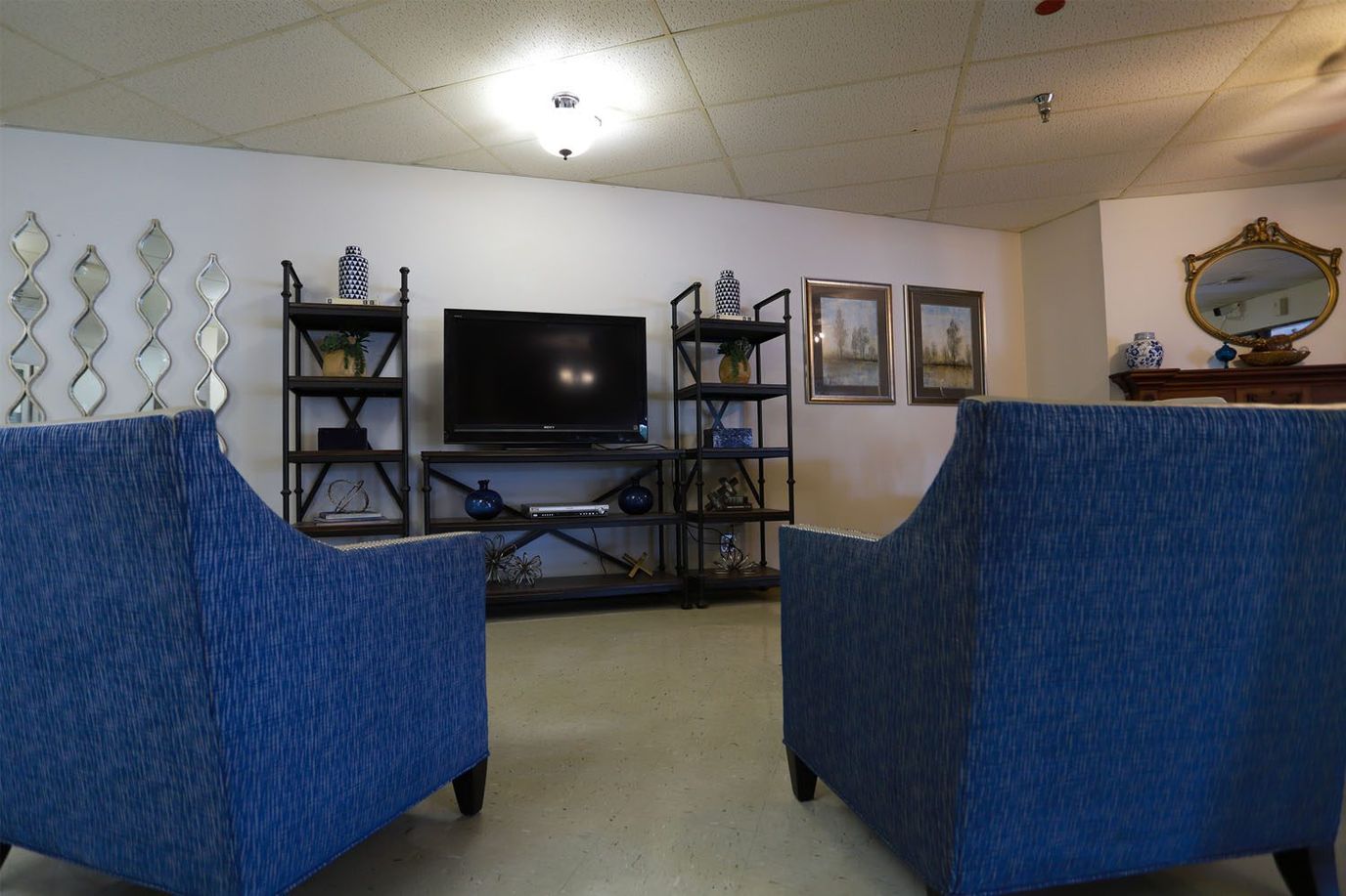 Cozy common area with blue chairs and TV
