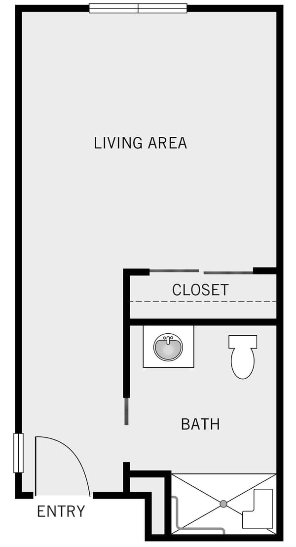 Architectural floor plan of a living area and bath