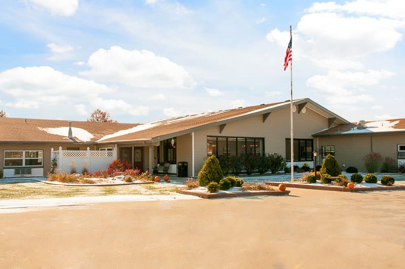 Exterior view of a senior care facility building