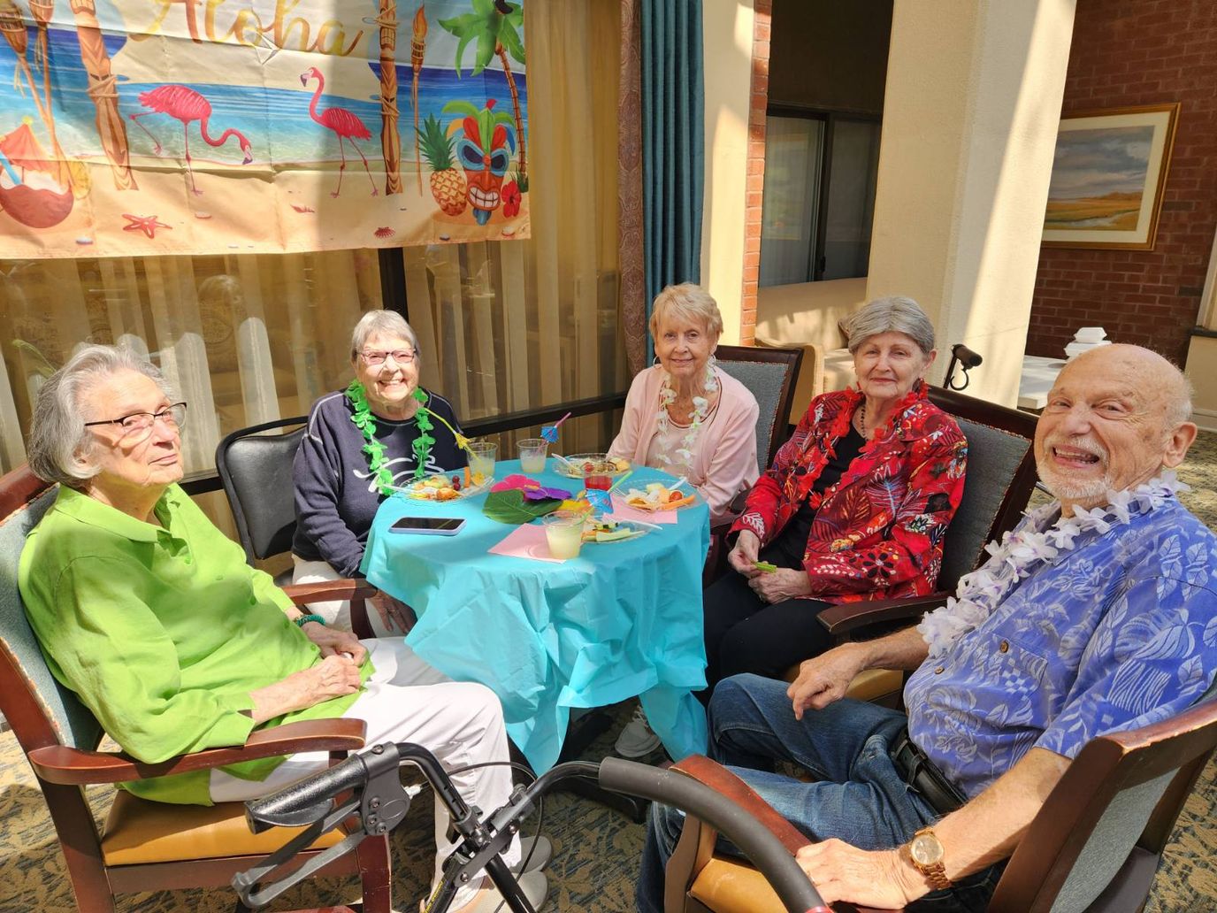 Residents enjoying a festive gathering with decorations