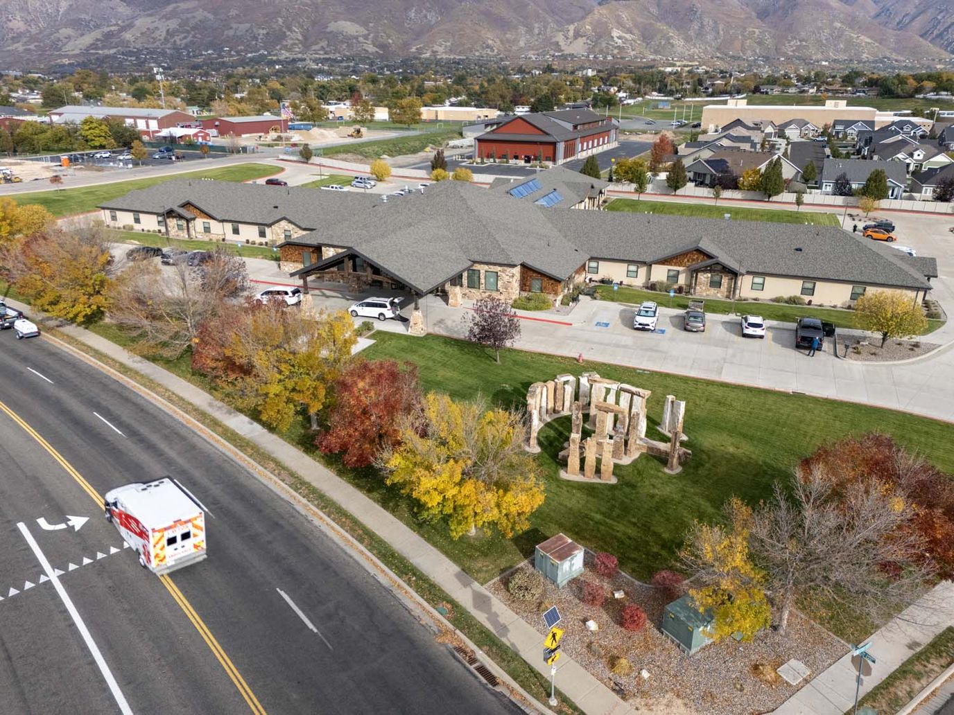 Aerial view of the Stonehenge of Ogden facility with outdoor landscaping