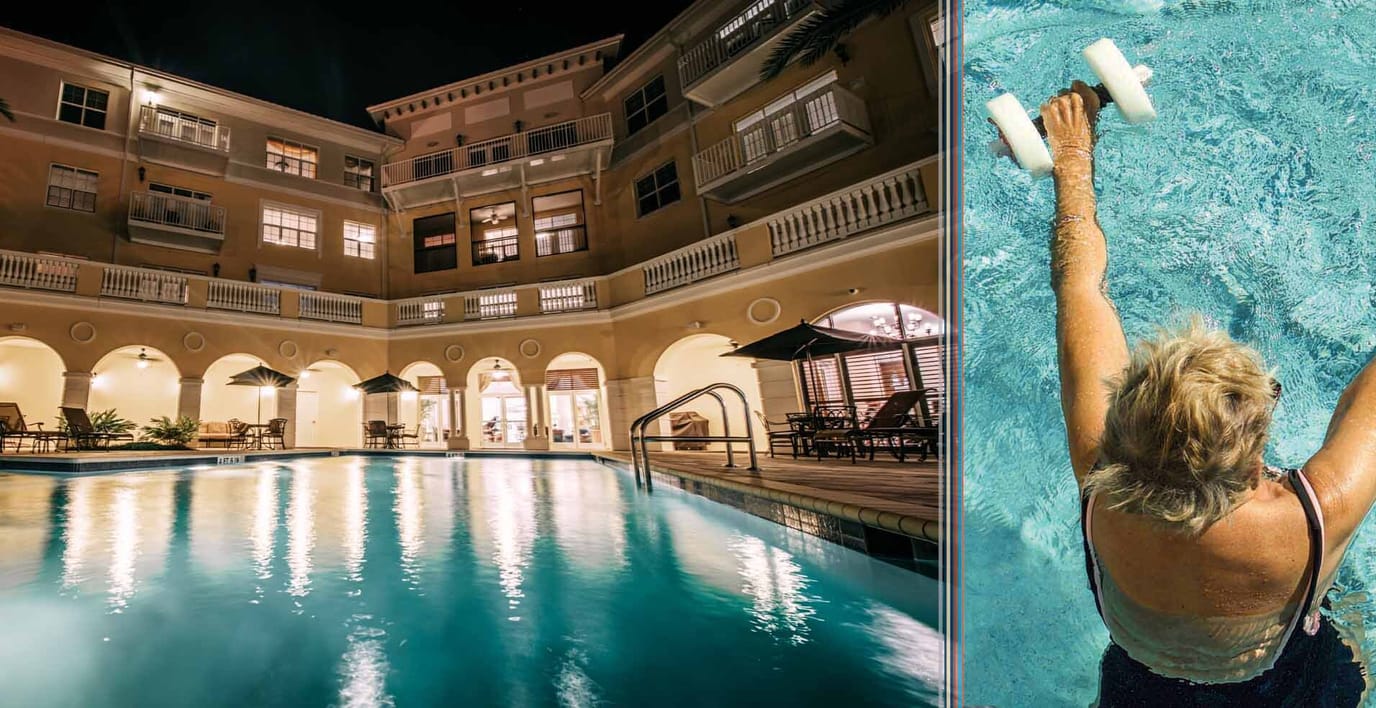 A resident swimming in the pool area of the facility