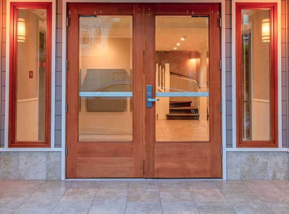 Entrance doors to a senior living facility
