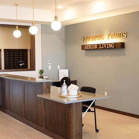 Modern reception area of Boulder Ponds Senior Living