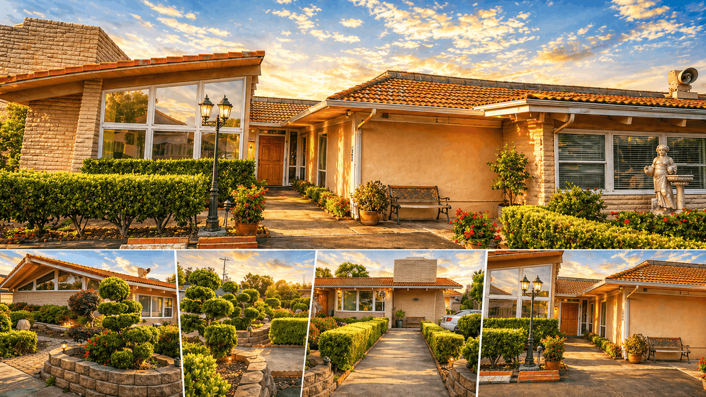 Exterior view of Anjelica's Villa at sunset.