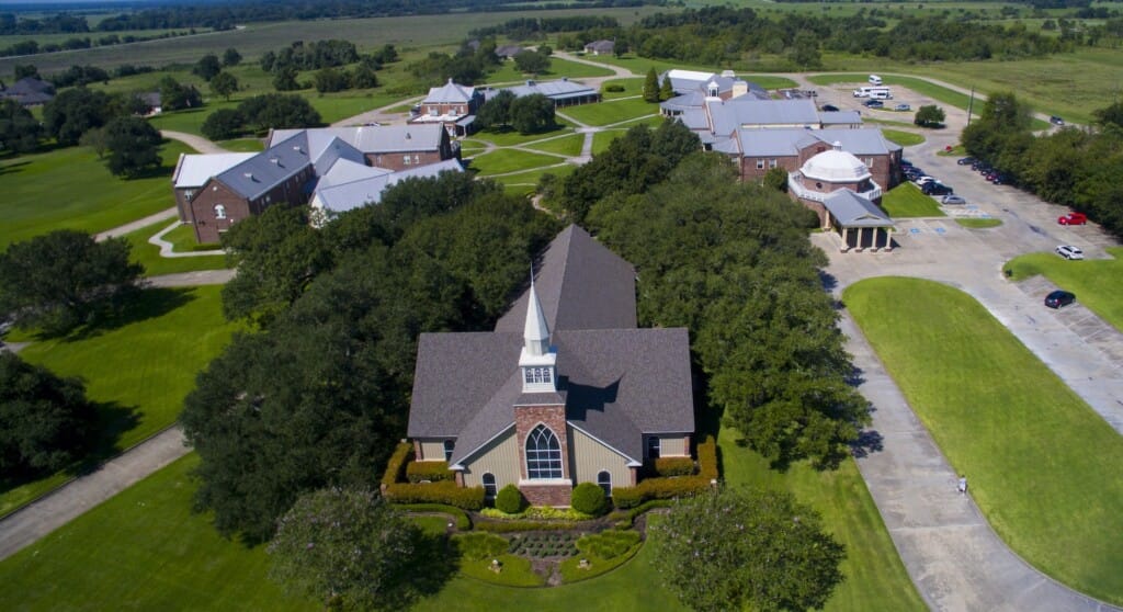Aerial view of The Brookwood Community campus and buildings.