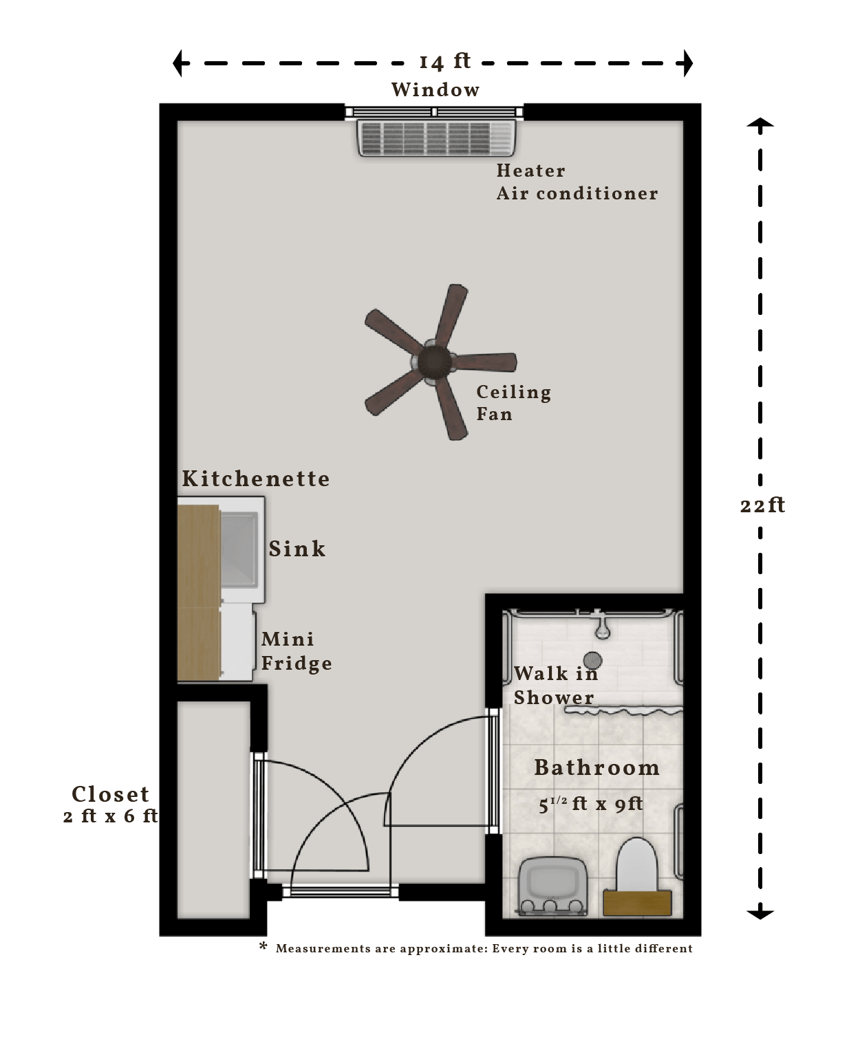 Architectural floor plan of a resident room