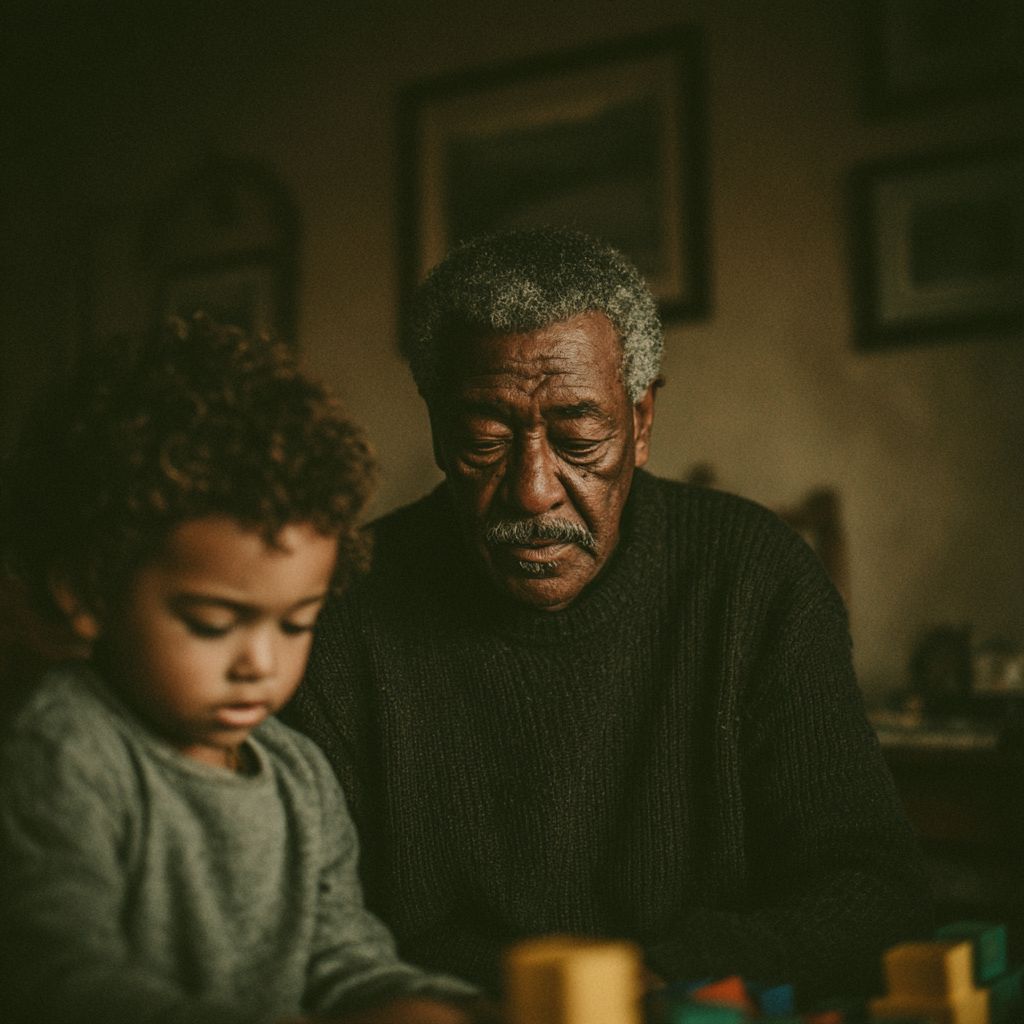 An elderly man playing with a child indoors