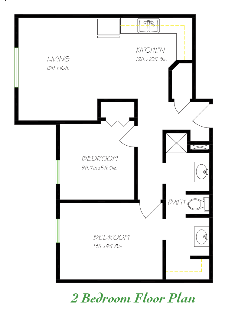 Architectural floor plan of a two-bedroom unit