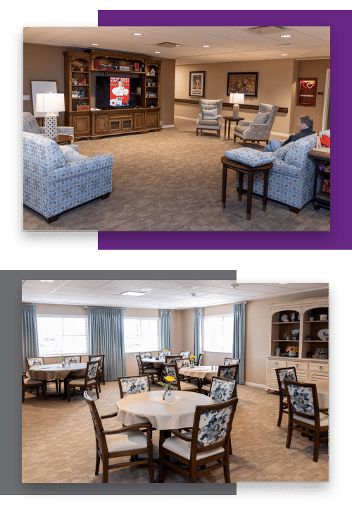 Bright common area with seating and entertainment setup