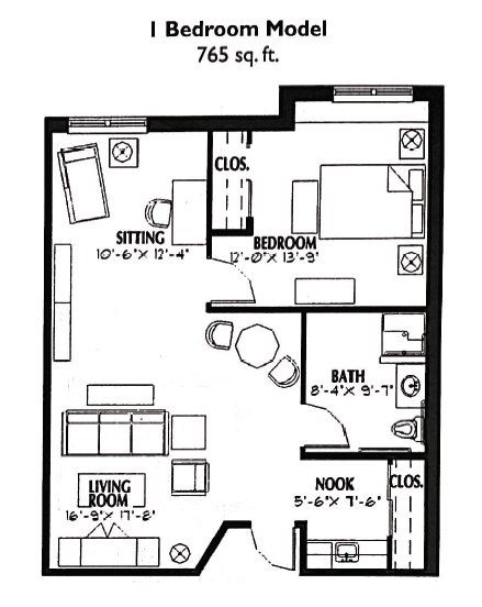 Architectural floor plan of a one-bedroom model
