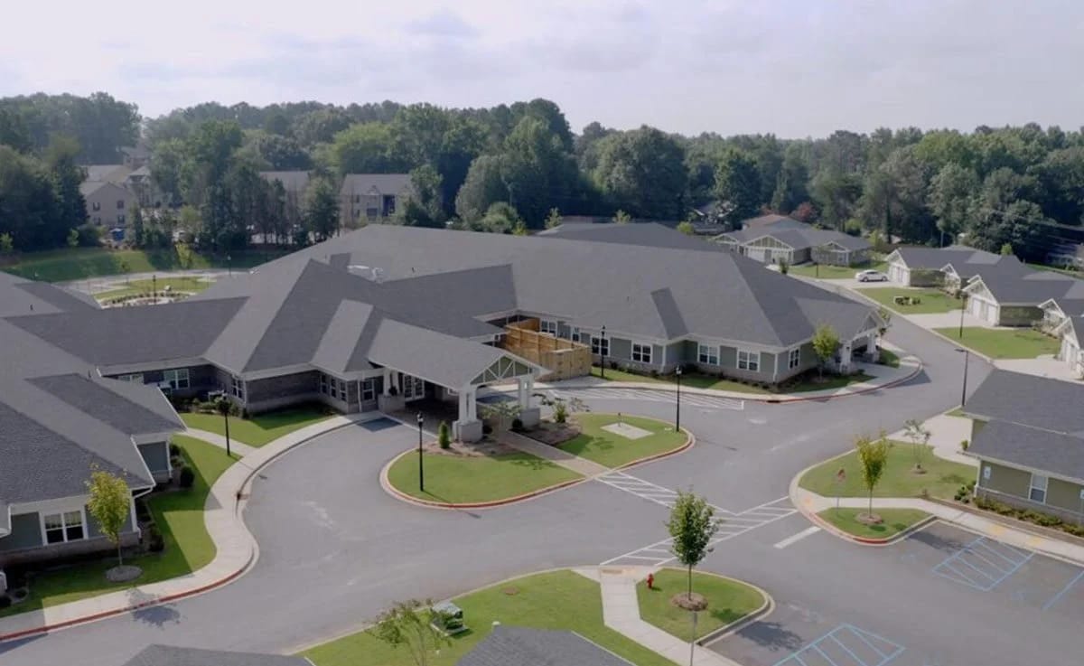 Aerial view of Clemson Heritage facility with gardens and walkways