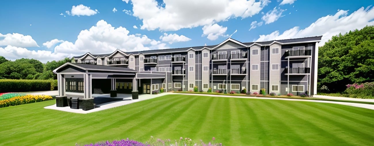 Exterior view of Dolan Creek Senior Living with gardens