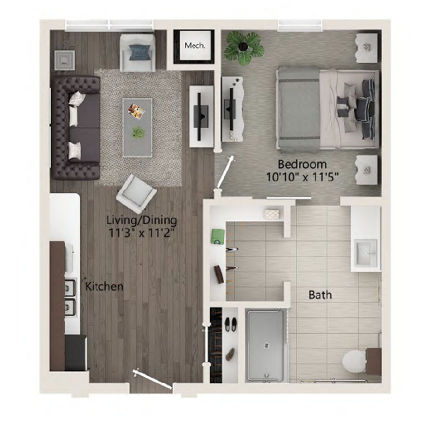Architectural floor plan of a one-bedroom apartment