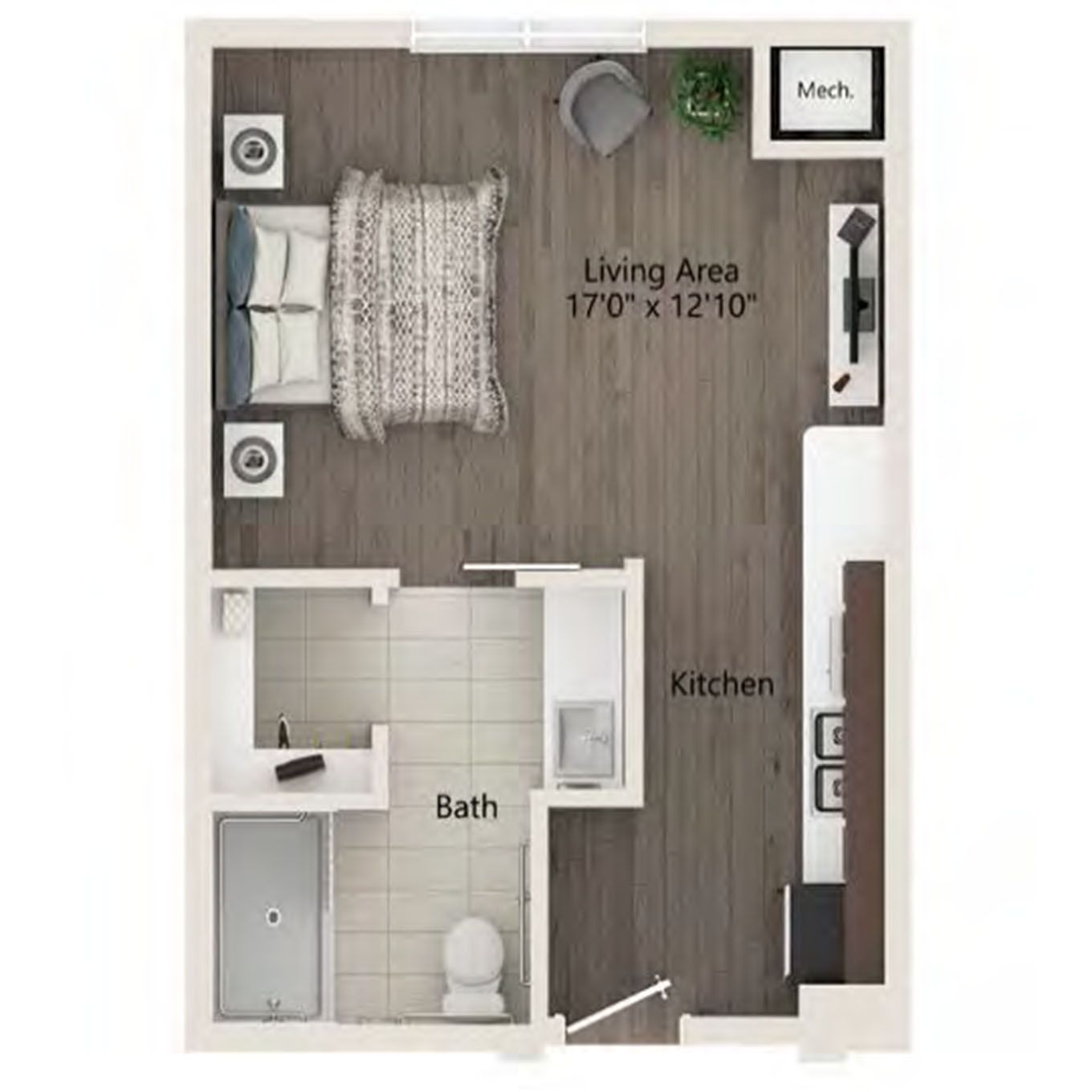 Floor plan of a resident suite with kitchen and bath