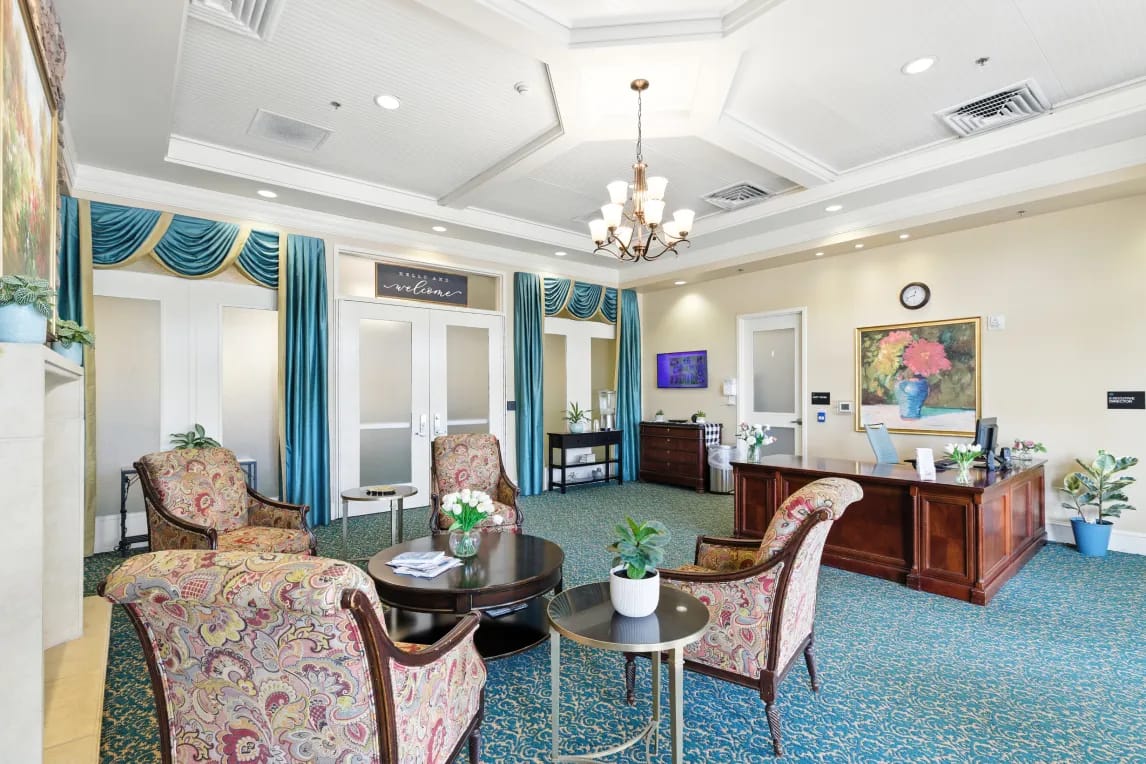 Bright lobby with comfortable seating and decor