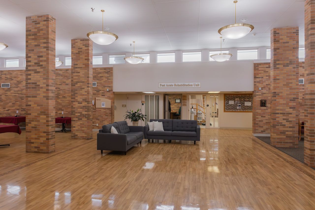 Common area with seating and bright lighting